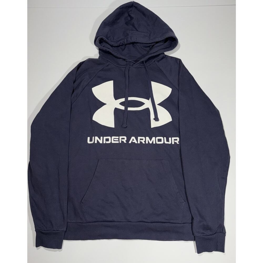 Under Armour Hoodie Navy Blue Mens Size XL White Big Logo Pullover Sweatshirt 18